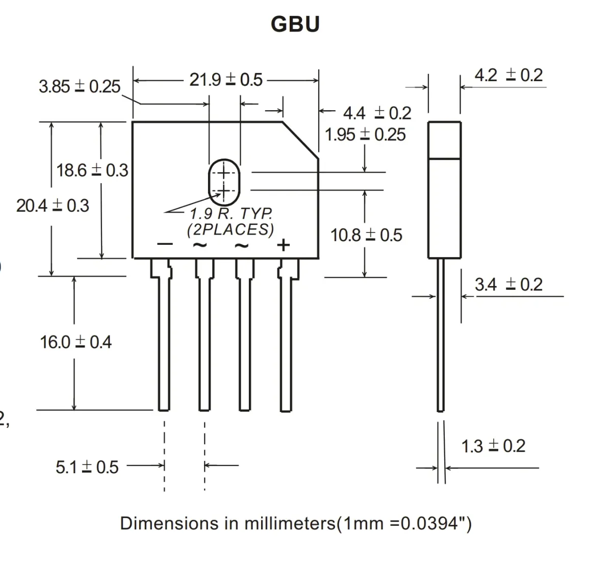 پل دیود 800 ولت 8 آمپر تخت شانه ای Bridge Rectifier GBU808 - تصویر 2