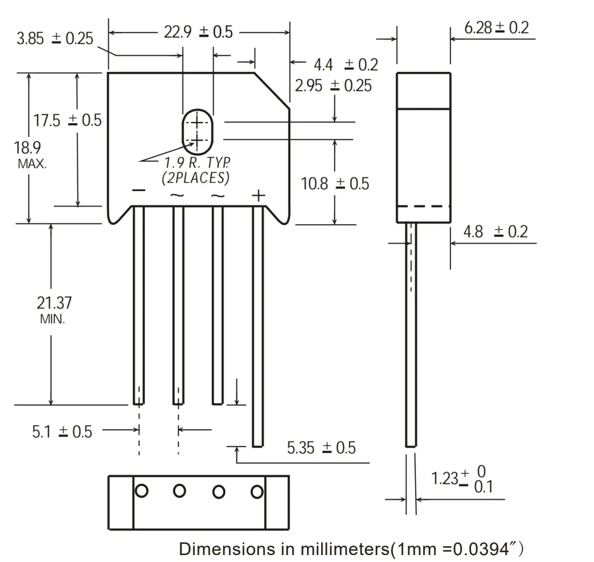 پل دیود 1000 ولت 8 آمپر تخت شانه ای Bridge Rectifier KBU810 - تصویر 2